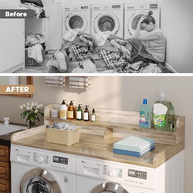 2-Tier Washer Dryer Countertop with 2.75" H Edge Rails, 58" W x 28" D Laundry Countertop for Folding Clothes, Washer and Dryer Topper with Non-Slip Pad (White Oak) - Image 5