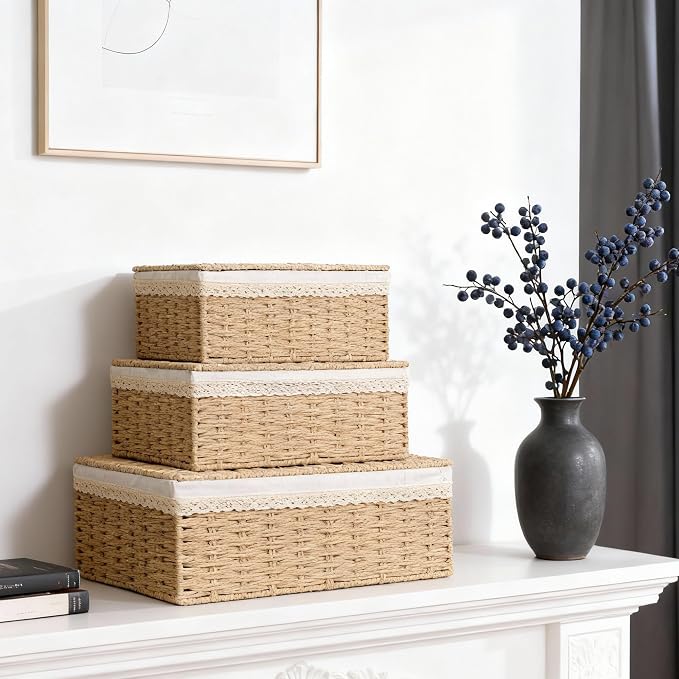 Nonam Large Basket with Lid set of 3, Rattan Divided Baskets Organizer for Shelf, Natural Wicker Storage Basket Bins for Closet, Boho Shelf Decor Covered Basket Home Storage Container - Image 4