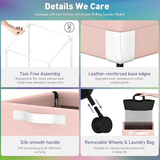 Caroeas Next-Gen 105L Matel Frame Laundry Basket with wheels, Heavy Duty Tall Rolling Laundry Hamper with Removable Wash Bag, Collapsible Freestanding Clothes Hamper For Laundry Room (105L,Pink,2Pack) - Image 5