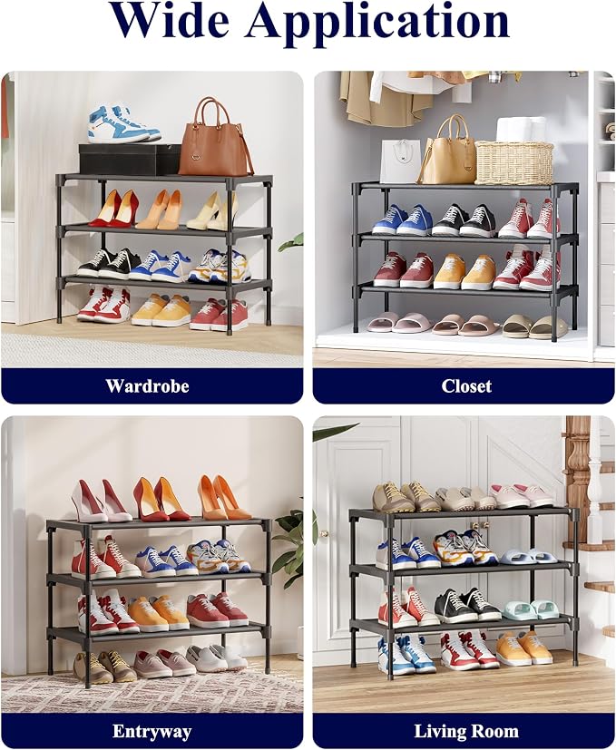 Kitsure Shoe Rack - Non-Woven Shoe Rack Shelf, Shoe Organizer for Closet, Entryway, Garage & Corridor, Stackable Shoe Shelves, 27.5" Wide - 3 Tier, Black - Image 9