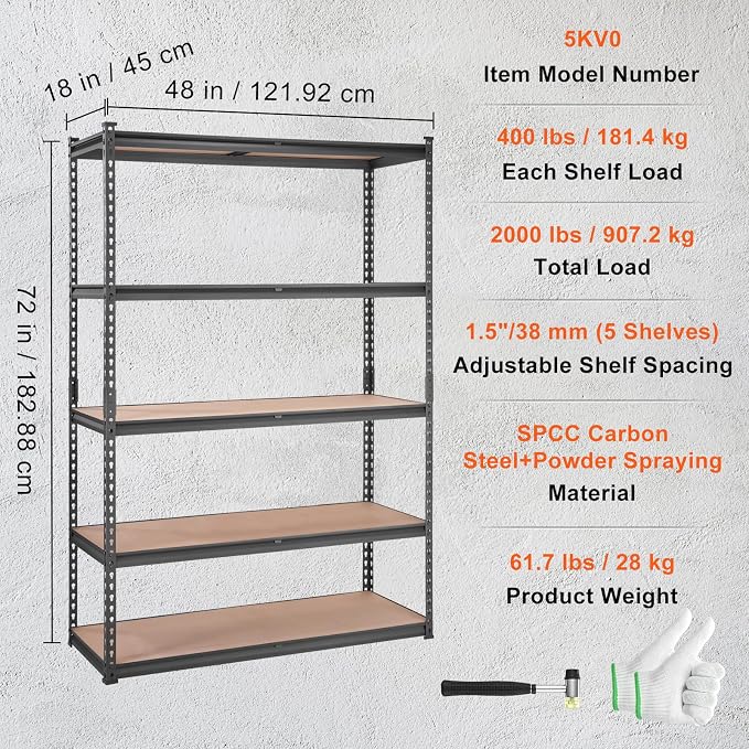 VEVOR Storage Shelving Unit, 5-Tier Adjustable, 2000 lbs Capacity, Heavy Duty Garage Shelves Metal Organizer Utility Rack, Black, 48" L x 18" W x 72" H for Kitchen Pantry Basement Bathroom Laundry - Image 8
