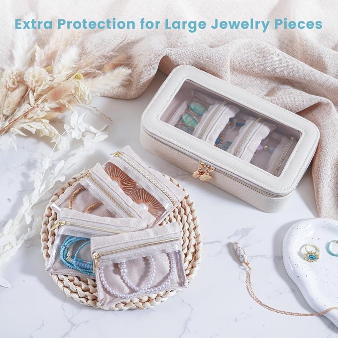 Lolalet 8 in 1 Travel Jewelry Case with Velvet Pouches, Clear Window Travel Jewelry Organizer Bags for Earrings, Bracelets, Necklaces and Rings, Compact Jewelry Storage for Women Girls -Beige, 7PCS - Image 5