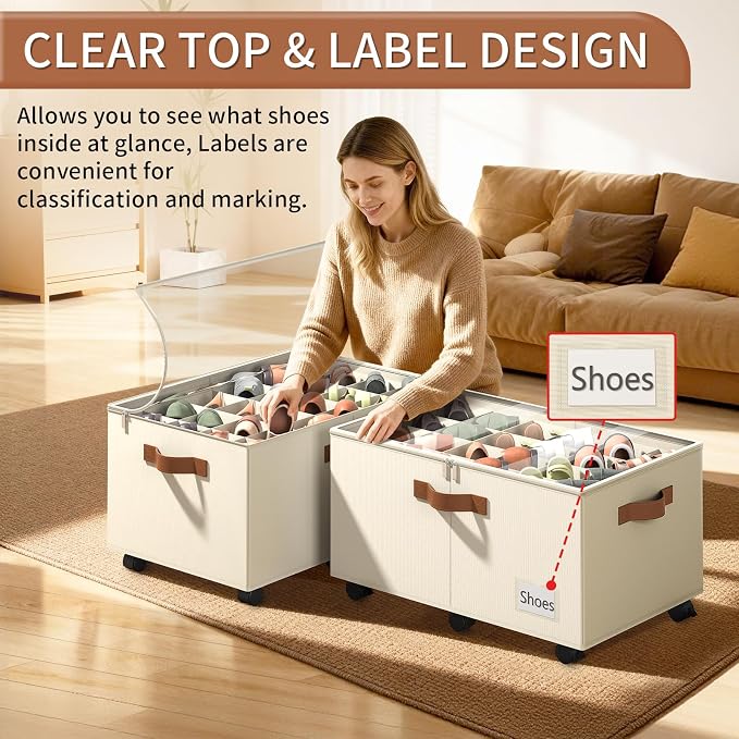 Foyego Shoe Organizer for Closet, Shoe Storage Organizer with Wheels and Adjustable Dividers, Stackable Shoe Storage Box with Clear Cover, Foldable Closet Shoe Organizer Fits up to 24-48 Pairs, Beige - Image 4