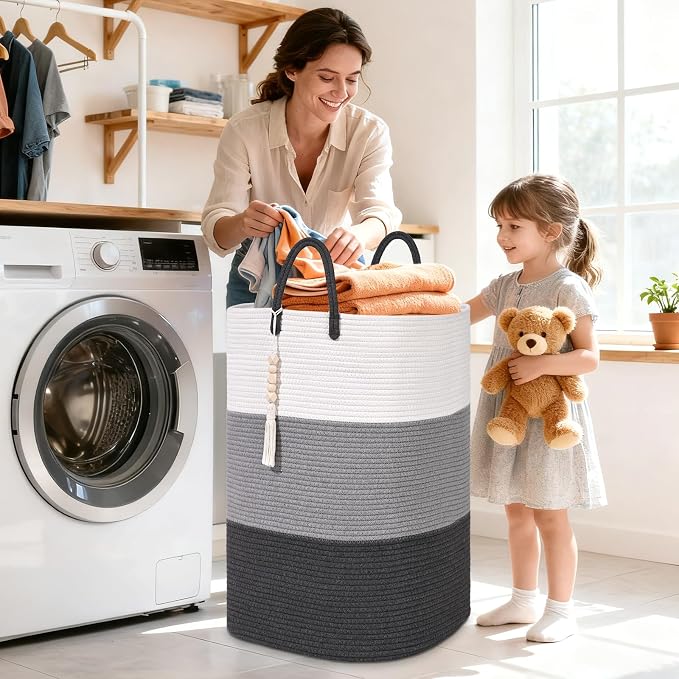 Woven Laundry Basket for Clothes,100 L Large Rectangle Laundry Hampers with Beads Tassel, Nursery Storage Basket for Toys, Tall Dirty Clothes Hamper for Bedroom Aesthetic, Laundry Room Organization - Image 2