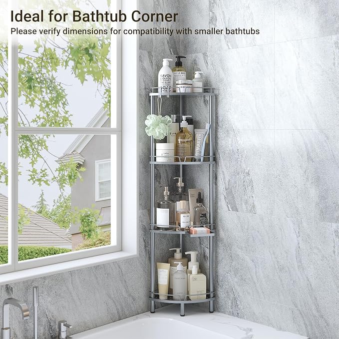 ELYKEN Corner Shower Caddy Standing, 4 Tier Rustproof Metal Shower Organizer with Soap Holder, Floor Shower Corner Shelf Rack Storage Stands with Adjustable Feet & 2 Hooks for Bathroom, Silver - Image 8
