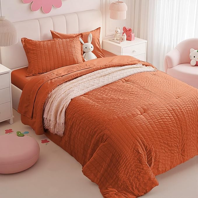 Zzlpp Twin Comforter Set 5 Pieces, Burnt Orange Seersucker Bed in a Bag with Comforter and Sheets, Lightweight Bedding Sets with 1 Comforter, 1 Pillow Sham, 1 Pillowcase, 1 Flat Sheet, 1 Fitted Sheet