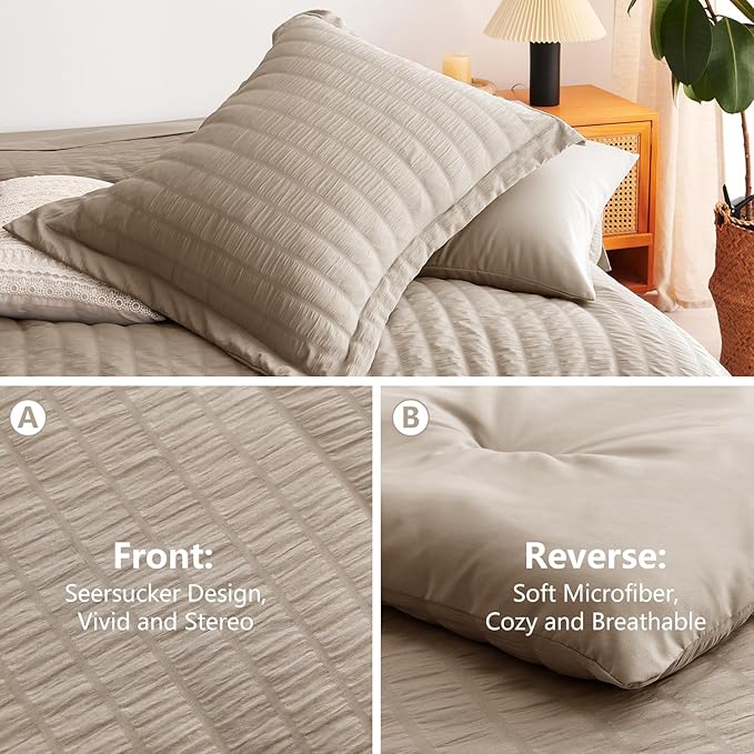 CozyLux Full Size Comforter Sets with Sheets 7 Pieces, Khaki Seersucker Bed in a Bag Textured Luxury Soft Bedding Sets with Down Alternative Comforter, Sheets, Pillowcases & Shams for All Season