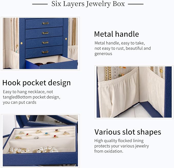 AKOZLIN Large Jewelry Box Organizer Functional with Big Mirror, Leather Jewelry Storage Case for Women Girls Ring Necklace Earring Bracelet Holder Organizer Blue - Image 5