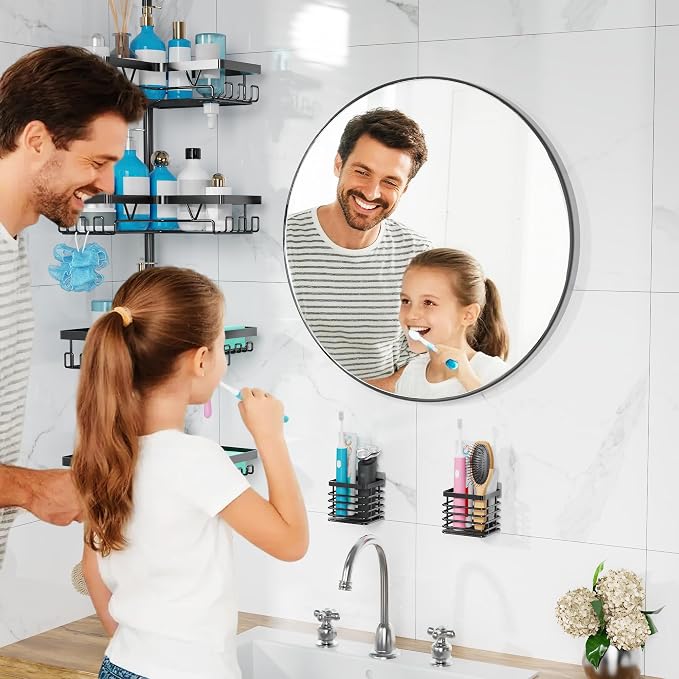 KEGII Set of 2 Wall Mount Toothbrush Holders with Tension Pole Shower Caddy, Rustproof Bathroom Organizer with Soap Holder & Hooks, 4 Adjustable Shower Shelves for Renters, 25-114.2 inch Black - Image 3