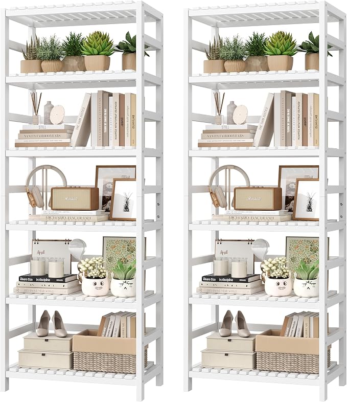 FOTOSOK 6-Tier Bamboo Shelf Set of 2, Bamboo Bookcase with Adjustable Shelves, Free Standing Storage Shelf Unit Plant Flower Stand, Tall Large White Bookshelf for Kitchen, Bathroom, Home Office, White by FOTOSOK