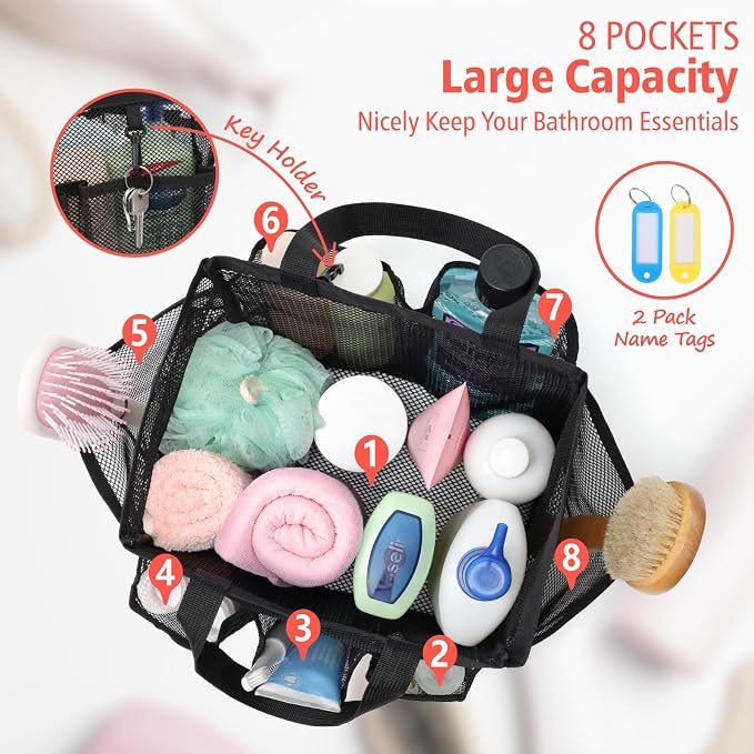 F-color Mesh Shower Caddy Portable with 2 Pack Name Tags, Upgrade Deeper 7 Pockets Shower Bag Tote for College Dorm Room Toiletry Bathroom Essentials Gym Camp Quick Dry 2 handles with S Hook, Black - Image 2