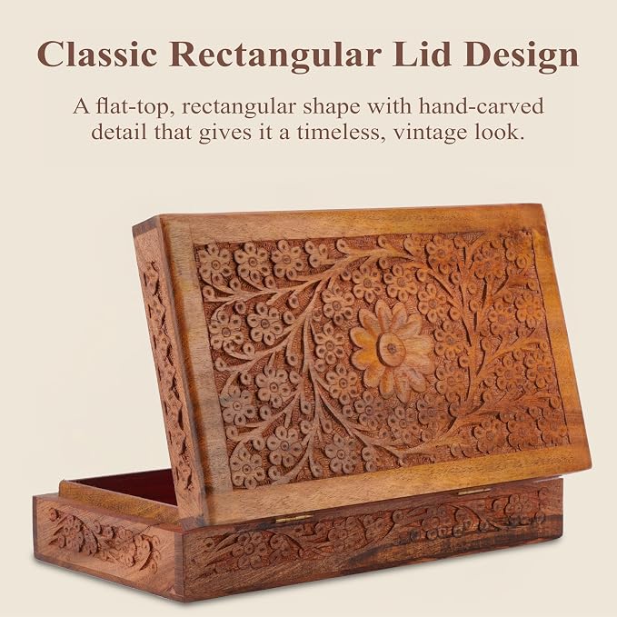 Ajuny Wooden Handcarved Decorative Jewelry Storage Box Flower Design Multipurpose Treasure Chest Keepsake Organizer Necklaces Watch Boxes Great for Gifts 10x6 Inch - Image 5