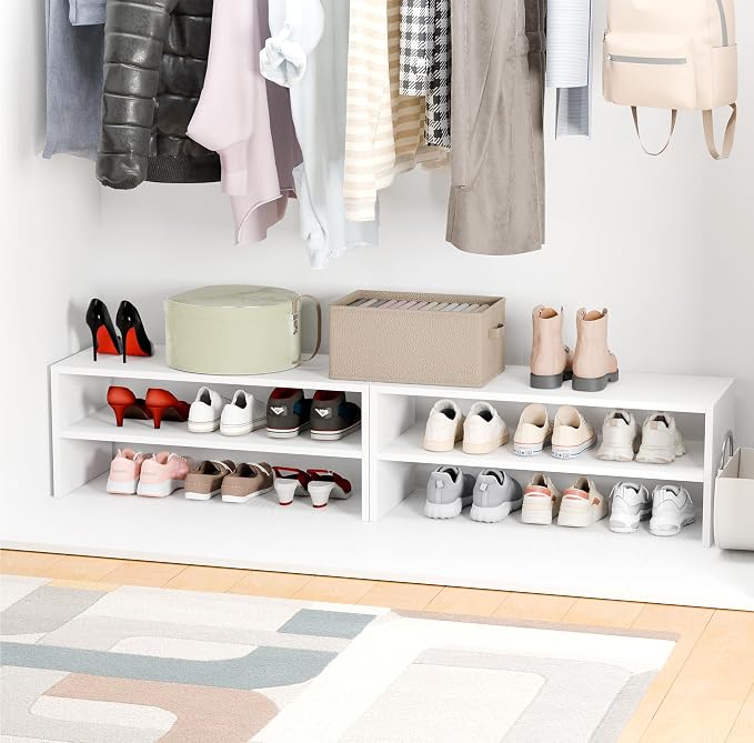 Whitmor Stackable 28" Extra Wide 2-Shelf Storage Organizer,Stackable Wood Combination Shoe Organizer Racks Shelves for Closets, Entryway, Hallway, Garage, White - Image 4