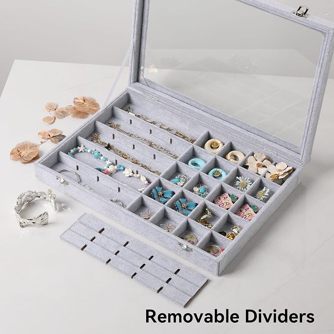 Frebeauty 40 Grid Jewelry Tray,Adjustable Earring Holder Organizer with Glass Lid,Velvet Drawer Jewelry Organizer for Rings,Studs,13.8 x 9.5 x 2 Inches Jewelry Display Box,Gift for Women(Grey) - Image 5
