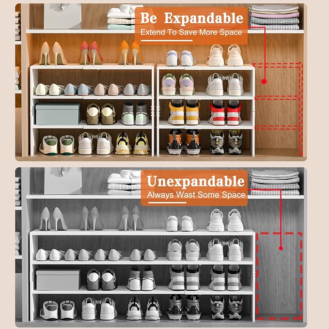White Shoe Rack Organizer for Closet, 3-Tier Expandable Shoe Shelf, Stackable Iron Wood Combination Shoe Racks Shelves for Closets, Entryway,Small Space,Hallway,Garage,Holds 8-16 Pairs of Shoes - Image 6