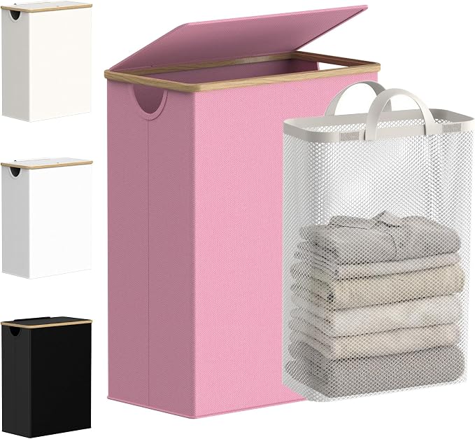 efluky Slim Laundry Basket with Lid, Narrow Laundry Hamper with Removable Bag, Skinny Dirty Clothes Basket with Bamboo Handles for Bathroom, Bedroom & Laundry Room, 65L Pink by efluky