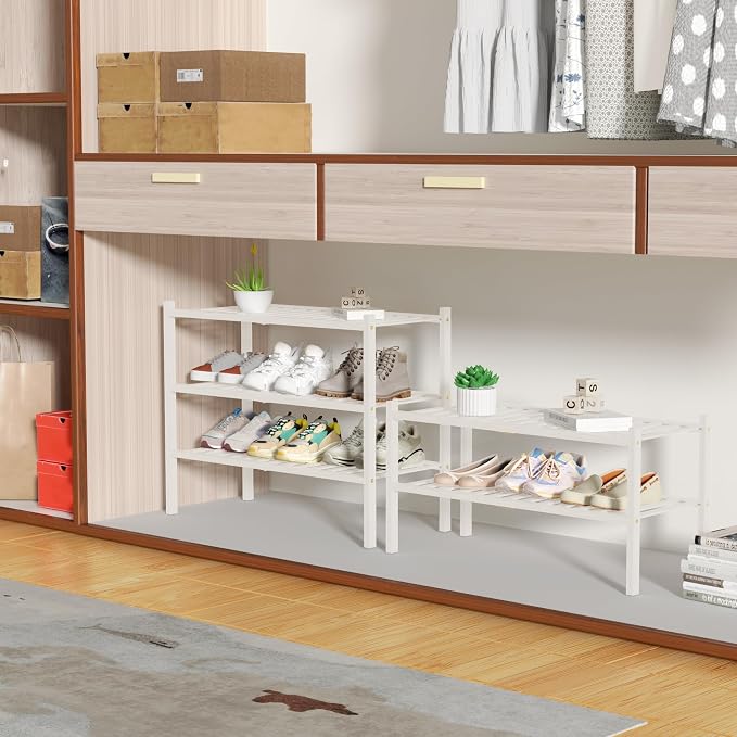 ROMGUAR CRAFT 2 Tier Bamboo Shoe Rack for Closet Free Standing Wood Shoe Shelf for Entryway Small Space Stackable 27"x11"x13" (White) - Image 4