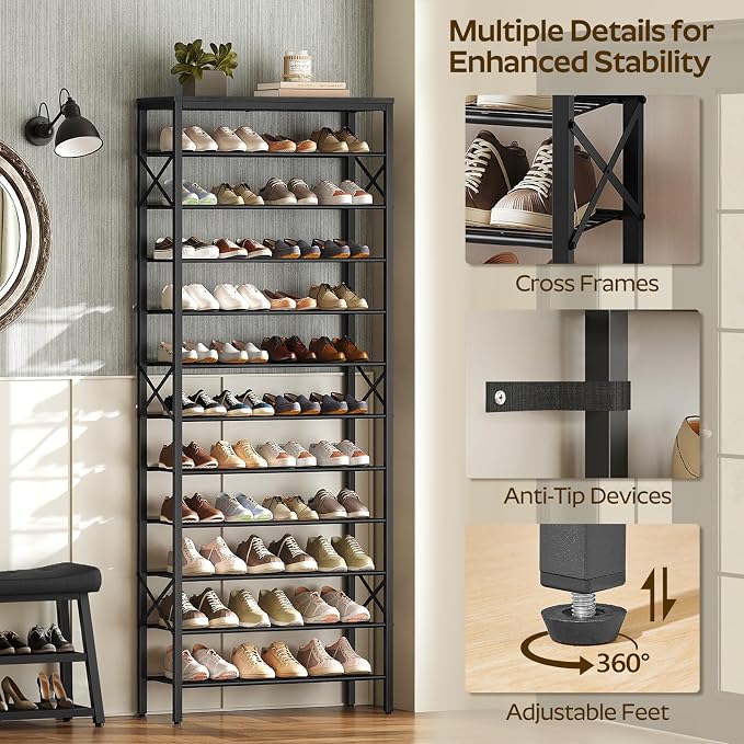 YATINEY 12 Tier Shoe Rack, Large Capacity Shoe Storage Organizer Holds 48 Pairs, Sturdy and Stable, for Entryway, Hallway, Closet, Dorm Room, Black SS12BB - Image 7