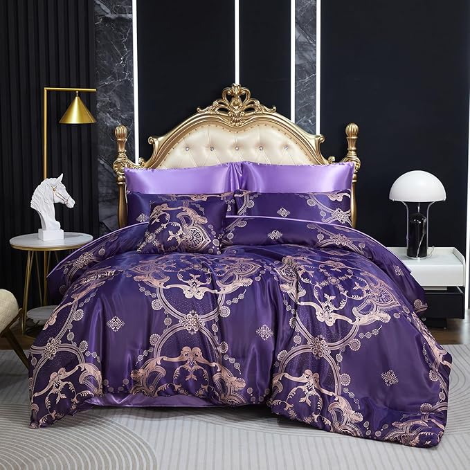 Purple Jacquard Comforter King Bedding with Satin Sheet Set Royal Embroidery Neoclassical Floral Home Decor Soft Luxury Hotel Bed in a Bag 8 Pcs