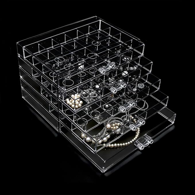 Clear Jewelry Box, Jewelry Organizer with 5 Drawers, 5-Layer Acrylic Storage Box for Women, Earring Display Holder for Earrings Ring Bracelet Necklace 79 Grid Compartment Earring Organizer by Euedue