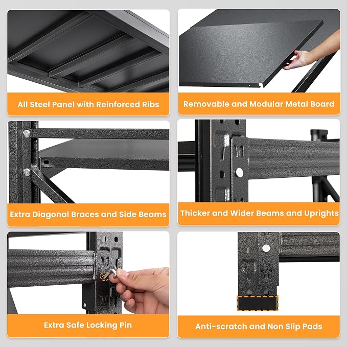 Set of 2 Storage Shelves, 48” Wide Heavy Duty Garage Shelving Units, 4 Tiers Rack Shelf, 24” Deep Steel Industrial Shelving, 3000LBS Adjustable Standing Shelf for Warehouse / Shop 48"W x 24"D x 70"H - Image 9