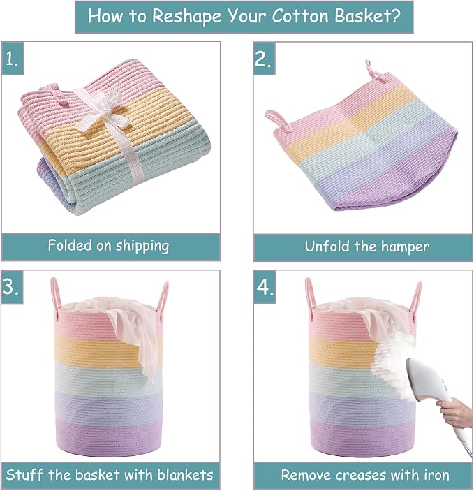80L Extra Large Rainbow Laundry Hamper for Baby Girls Clothes Tall Woven Laundry Basket for Kids Nursery Toy in Playroom Blanket Basket for Living Room Bedroom 16"D x 22"H Pastel Unicorn - Image 6
