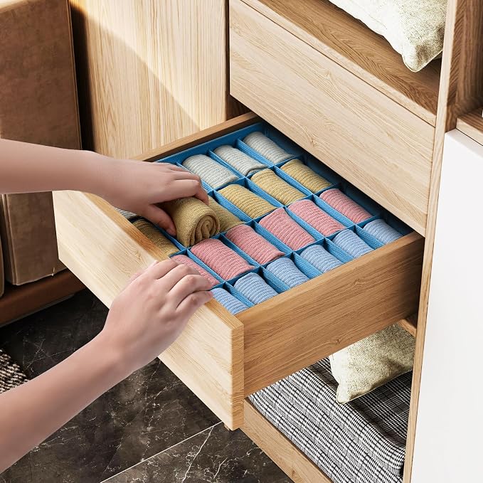 Joyoldelf Sock Organizer Drawer Organizer - 2 Packs Underwear Organizer, 24 Cells Collapsible Closet Organizers and Storage Sock Holders Organizers for Storing Socks, Ties, Belts(Blue) - Image 5