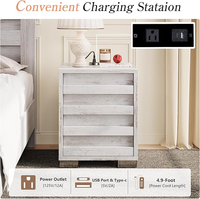 LUXOAK 3 Pcs Bedroom Furniture Sets, Farmhouse King Size Bed Frame with 49" Tall Headboard and Nightstand Sets of 2 with Charging Station, Slated Handles & Stainless Steel Feet, Distressed White