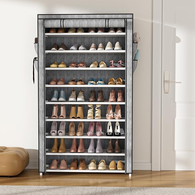 VILICK Shoe Rack with Cover Narrow Shoe Organizer with Pockets 10 Tier Tall Shoe Storage Holds 36-41 Pairs Shoes and Boots Shoe Rack for Closet Entryway Garage, Printing - Image 2
