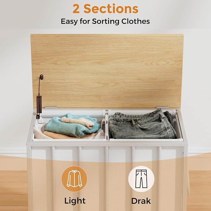 120L Laundry Hamper with Wheels and Lid, Rolling Laundry Basket with Dual Removable Liners, Soft-Close Flip-Top Wooden Lid, Metal Handles, Clothes Organizer for Bedroom and Laundry Room - Image 5
