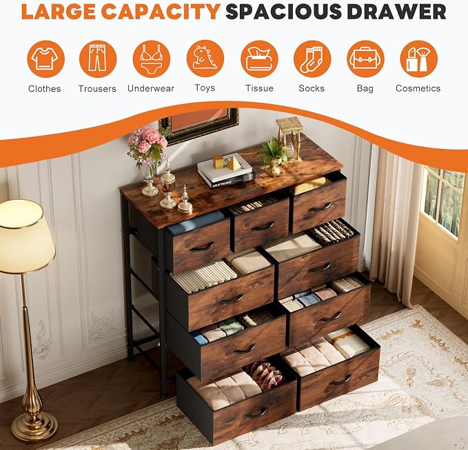 Sweetcrispy 9-Drawer Fabric Dresser Storage Tower with Wood Top and Steel Frame, Organizer Chest with Easy Pull Handles for Bedroom, Closet, Hallway,Distressed Brown - Image 4