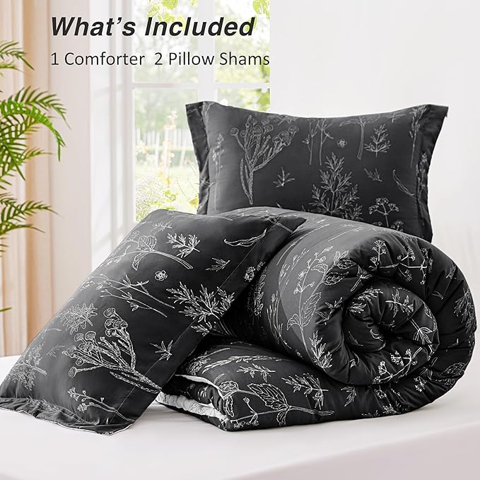 Love's cabin King Size Comforter Set Black - King Comforter Set, 3 Pieces Cute Floral Bedding Sets for All Seasons,1 Soft Reversible Botanical Flowers Comforter and 2 Pillow Shams