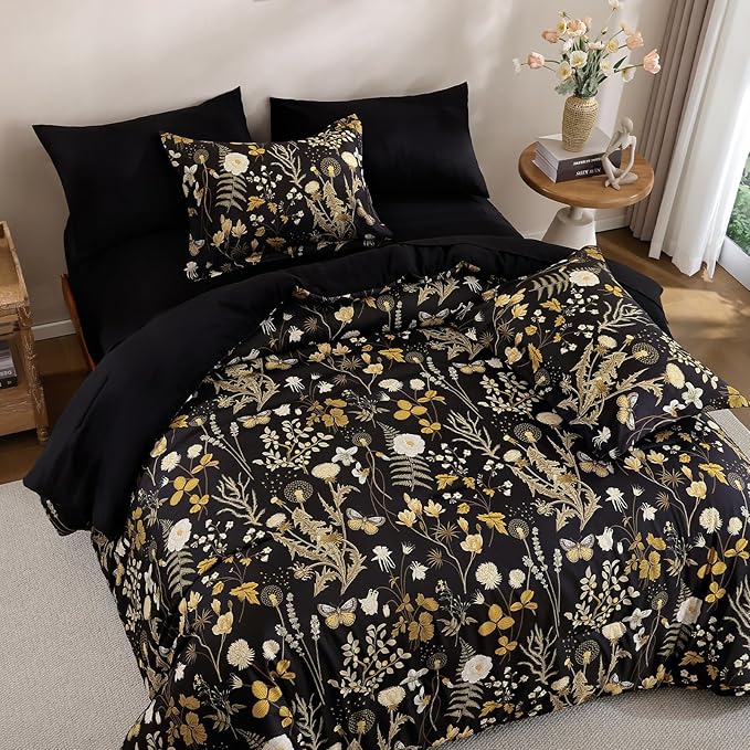 Yiran King Size Comforter Set, 7 Pieces Black Floral Soft Bedding Sets, King Bed in a Bag Brown Botanical Flowers Winter Comforter, Sheets, Pillowcases & Shams