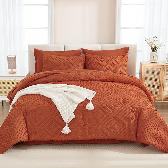 Andency King Size Comforter Set Burnt Orange - 7 Pieces Bed in a Bag King Boho Terracotta Bedding Comforter Sets, Rust Tufted Bed Set with Comforter, Sheets, Pillowcases & Shams