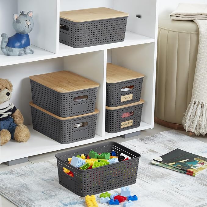Bagnizer Small Plastic Storage Bins with Bamboo Lids 5.2qt Stackable Box Basket Pantry Decorative Containers Cute with Label for Organizing Desktop Closet Office Gray of 6 packs 10 * 7.2 * 4.1" - Image 4