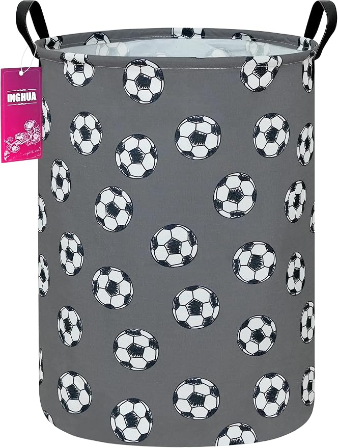 Laundry Hamper Large Canvas Fabric Lightweight Storage Basket/Toy Organizer/Dirty Clothes Collapsible Waterproof for College Dorms, Boys and Girls Bedroom,Bathroom(grey football) by INGHUA