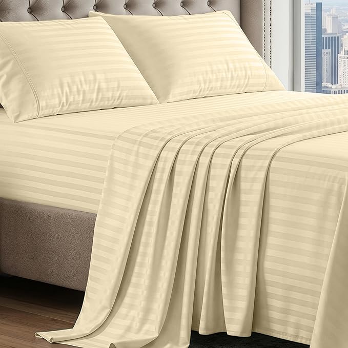 LANE LINEN Striped Sheets Set - 100% Egyptian Cotton 4 Piece Bed for Queen Size Hotel Bedding & Pillowcases 16" Deep Pocket (Fits Upto 17" Mattress) Ivory