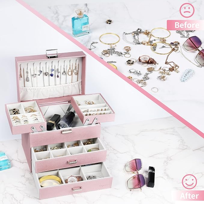 Dajasan Jewelry Boxes for Women Girls, Jewelry Storage Organizer, 4 Layers Large Jewelry Organizer Box with 2 Drawers for Friends, Wife or Mother Gift (Pink) - Image 2