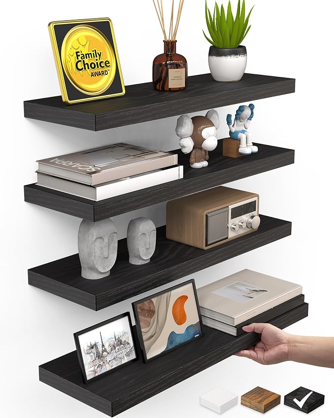 BAYKA Floating Shelves for Wall, 15.7in Wall Mounted Rustic Wood Shelves for Bathroom, Bedroom, Living Room, Kitchen, Hanging Shelf for Books/Storage/Room Decor with 22lbs Capacity (Black, Set of 4) by Bayka