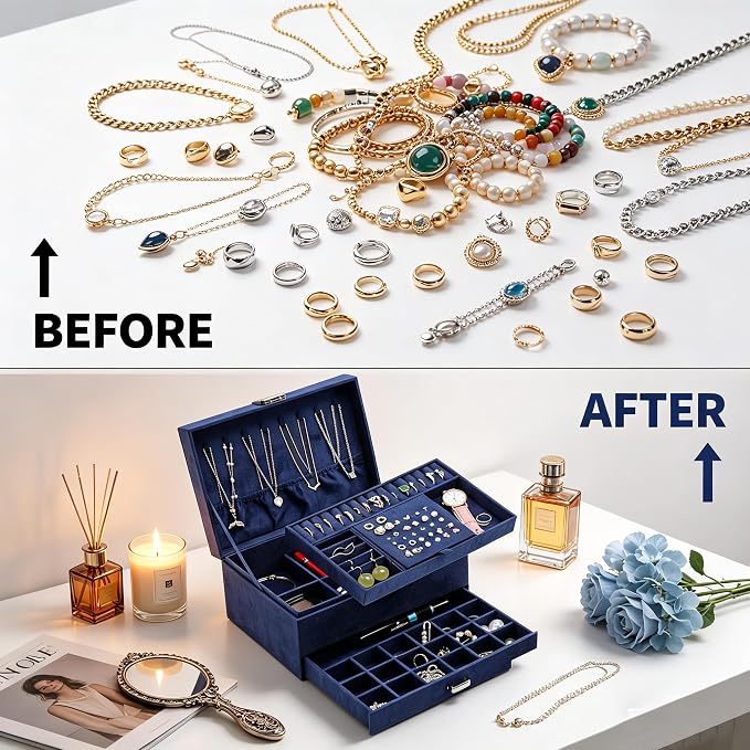 Jewelry Organizer Box for Women Girls, VintageJewelry Box 3-Tier Jewelry Display Case and Organizer,Lockable Jewelry Display Case Anti Tarnish,Varying Compartments for Bracelets, Rings (Blue) - Image 4