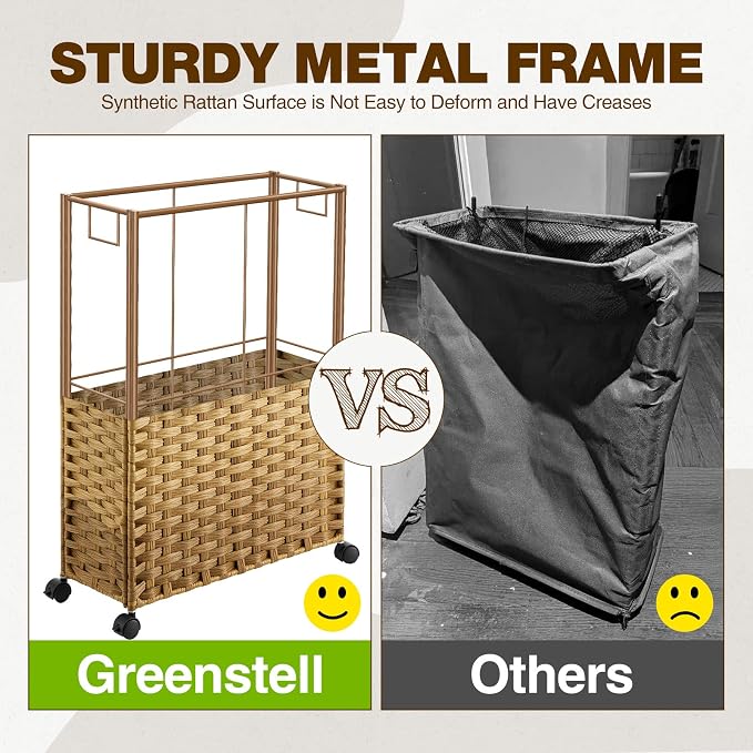 Greenstell Laundry Hamper with Wheels, 17.4 Gallon (66L) Slim Laundry Basket with 2 Removable Liner Bags & 2 Mesh Bags, Narrow Rattan Clothes Hamper for Bedroom, Laundry Room, Bathroom, Natural - Image 7