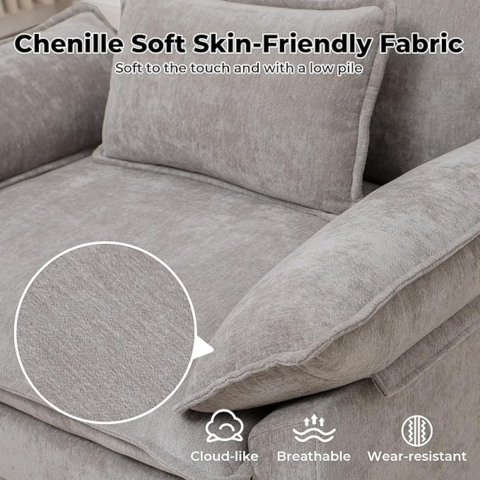 Oversized Accent Chair,Modern Chenille Cloud Sofa Chair with Deep Seat,Upholstered Armchair with Extra Thick,Comfy Accent Chair Reading Chair for Living Room Bedroom Apartment Lightgrey