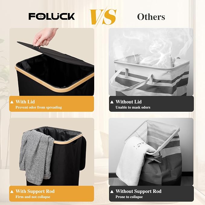 Foluck Large Laundry Hamper, 75L Waterproof Laundry Basket with Lid and Removable Bag, Collapsible Tall Clothes Hamper with Bamboo Handles for Clothes Toys in Dorm Bedroom Bathroom, Black - Image 5