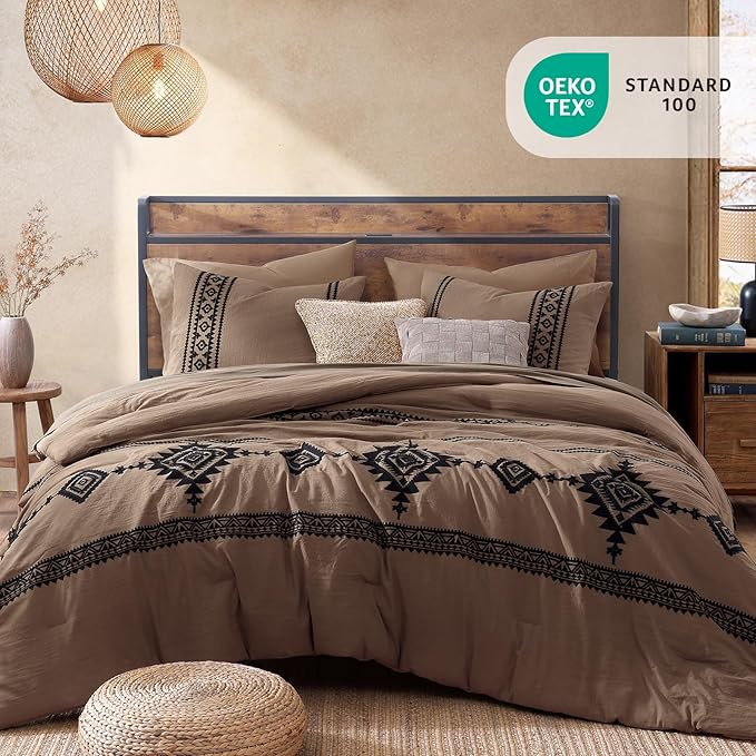 MaiRêve California King Comforter Set Brown, Embroidery Western Bedding Set Boho 7 Pieces, Farmhouse All-Season Bed in A Bag with Sheets, Pillowcases & Shams