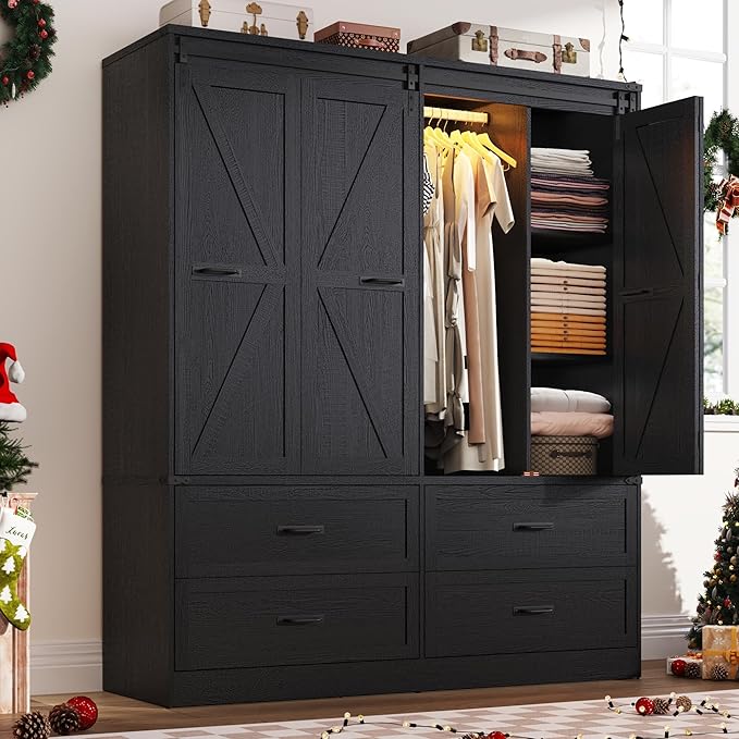 Farmhouse 4 Doors Armoire Wardrobe Closet w/Folding Sliding Barn Door and Lights, LED Armoire Closet w/Drawers for Bedroom, Freestanding Wooden Wardrobe Storage Closets w/Hanging Rod,Rustic Black