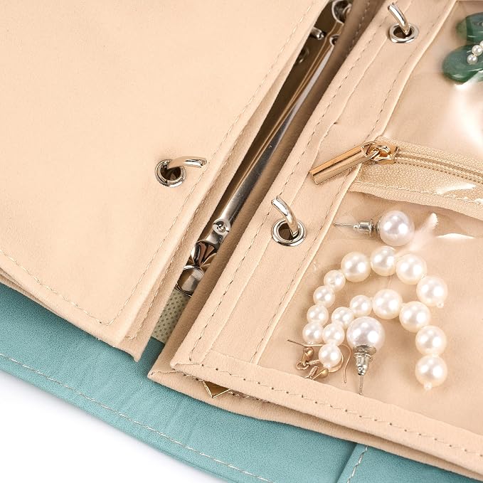 Travel Jewelry Binder Organizer Ring Binders - Jewelry Boxes PU Leather Case with Zipper Velvet Jewelry Pouch Bags for Daily Use & Gifting - Mint Green - Image 6