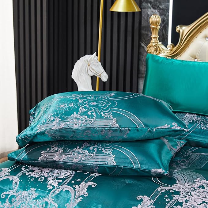 Bedding_Dreamer Jacquard Queen Comforter Set Green Sheet Set Satin Bedding Set 8 Pcs Vintage Neoclassical Floral Bed Home Decor Soft Comforter Luxury Hotel Silky Bed in a Bag with 1 Cushion Cover