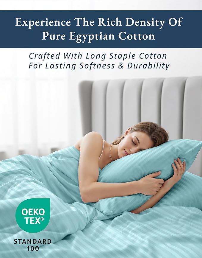 LANE LINEN 100% Egyptian Cotton Luxury Bedding Queen Sheet Set, Fade Resistant, No Pill, Naturally Cooling, Soft & Comfy Silky Smotth Sateen Weave Sheets Damask Stripe - Blue Sky
