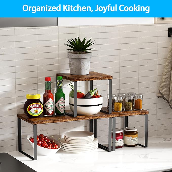Golener Countertop Organizer Corner Shelf, 2 Tier Adjustable Stackable Corner Shelves for Kitchen, Bathroom, Spice Rack, Coffee Area, Cabinet, Dresser Table, Corner Counter Shelf Stand, Rustic Brown - Image 3