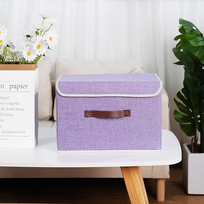 ANMINY Storage Bin with Lid Storage Boxes with PU Leather Handles PP Plastic Board Decorative Foldable Lidded Cotton Linen Fabric Home Cubes Baskets Closet Organizer Container - Purple, Medium - Image 2